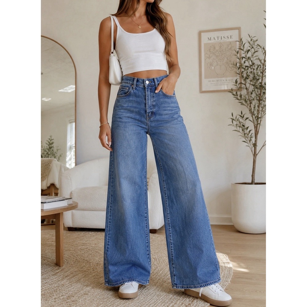 Mother Jeans Ditcher Roller Sneak High Rise Wide Leg Pants Women's 27 Blue Denim